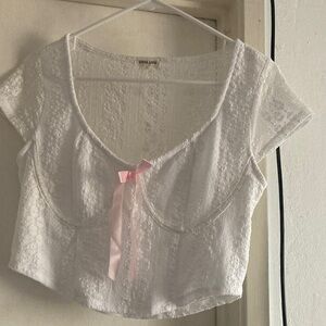 Delicate White Lace Crop Top with Pink Ribbon